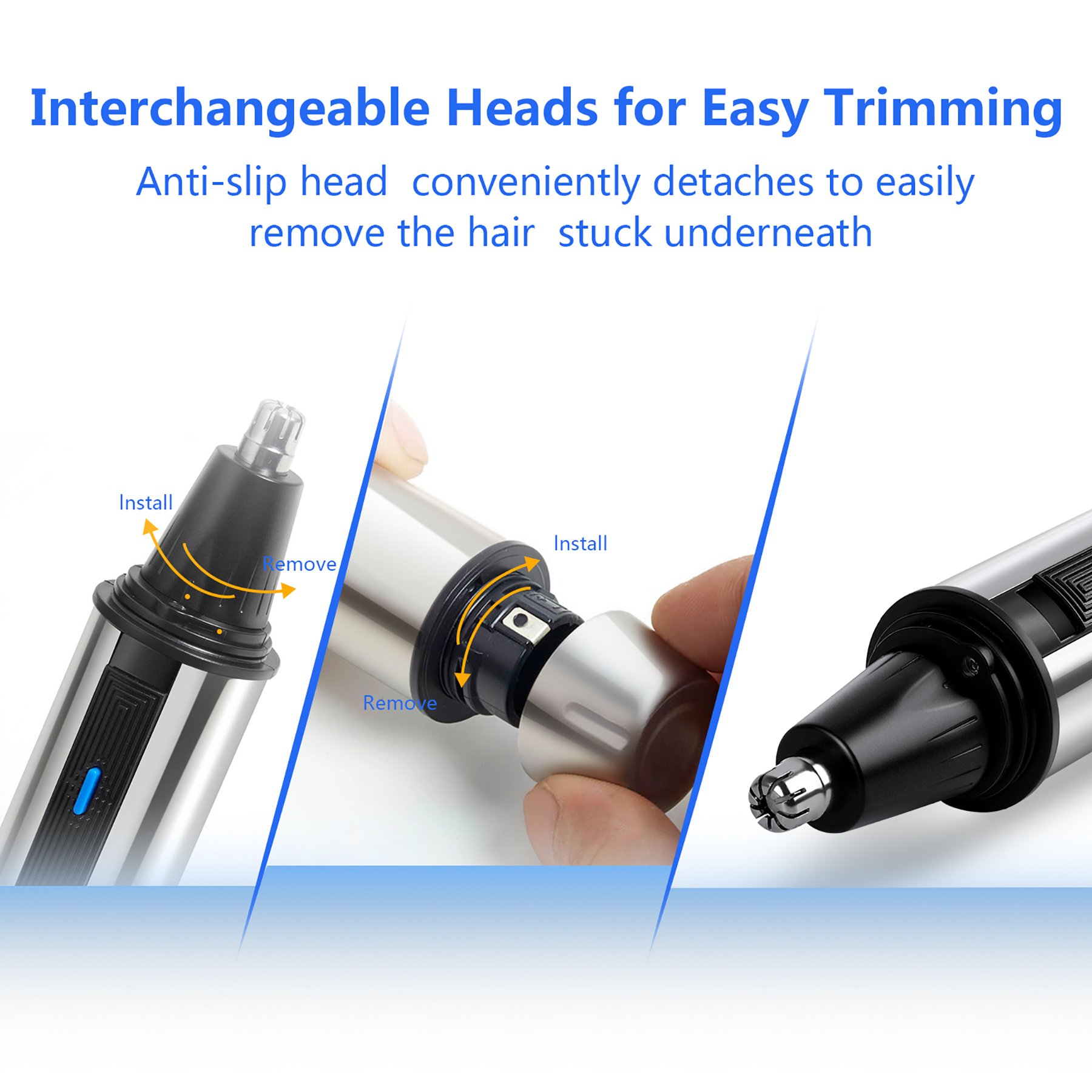 Nose Hair Trimmer, Ciwellu 3 in 1 Water Resistant Stainless Steel Nose Clipper Beard and Eyebrow Trimmer with LED Light, Battery-Operated, Silver