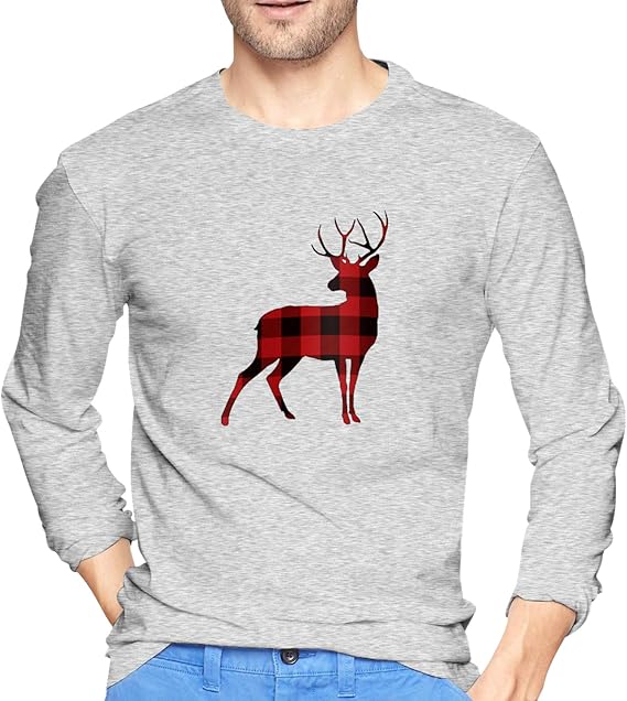 Amazon.com: Buffalo Plaid Moose Peculiar Graphic,The Crewneck Men's Long Sleeve T-Shirts Gray 
