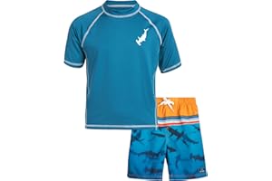 Big Chill Boys' Rash Guard Set - UPF 50+ Short Sleeve Swim Shirt and Bathing Suit Trunks - Swimwear Set for Boys (4-14)