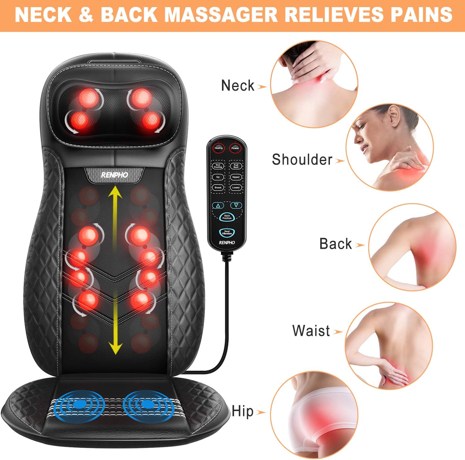 RENPHO Back Massager with Heat, Gifts for Women Shiatsu Massage Chair Full Body, Neck-Massager Height Adjustable - Image 3
