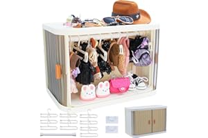 AIMPIWT Foldable Doll Wardrobe Storage Box Compatible with Labubu Clothes with 10 Hangers & Rod - Stackable Organizer Cabinet for 15/17cm Doll Clothes with Dust-Resistant Cover and Display Shelf