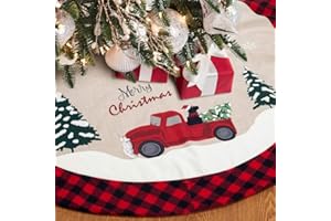 32 Inches Burlap Christmas Tree Skirt with Red and Black Plaid Border Embroidered Tree Skirt Decor for Xmas Decorations