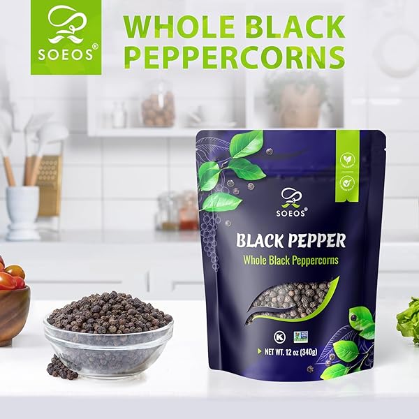 SOEOS BLACK PEPPERCORNS, 12OZ (PACK OF 1), WHOLE BLACK PEPPER, NON-GMO, KOSHER, FRESHLY PEPPERCORN BULK, PACKED TO KEEP PEPPERS FRESH, READY TO USE PEPPERCORNS FOR GRINDER REFILL