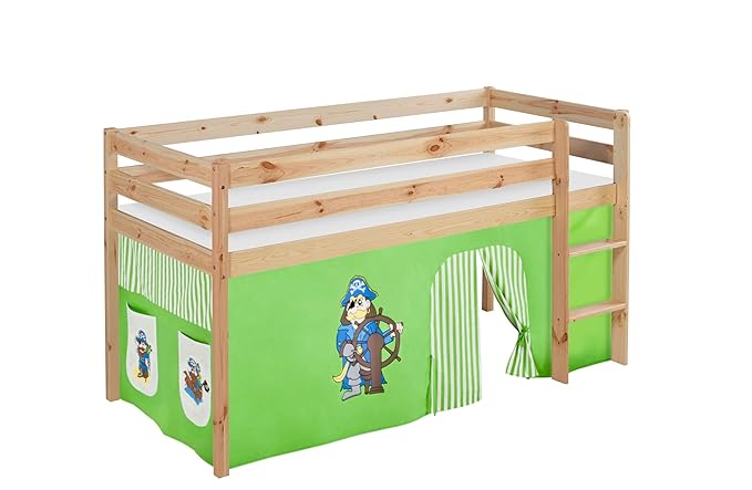 Lilokids Spielbett Jelle Pirat, Hochbett mit Vorhang Kinderbett, Holz, grün/beige, 208 x 98 x 113 cm