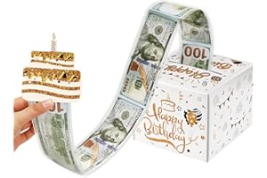 BOARDFEB Birthday Money Box for Cash Gifts, Money Gift Box for Birthday Gifts, White and Gold Birthday Money Pull Box for Parents, Lover and Kids with 60 Self-Adhesive Transparent Bags