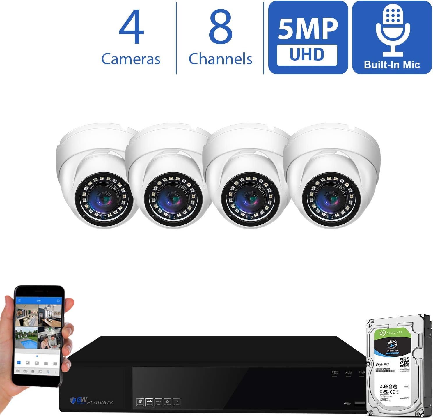 GW Security 8 Channel 4K NVR 5 Megapixel H.265 Security Camera System, 4 Built-in Microphone Audio Recording HD 1920P IP PoE Dome Cameras, QR-Code Connection