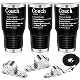 Eaasty Coach Gifts for Men Includes 30 oz Best Coach Mug and Whistle Stainless Steel Travel Tumbler with Lid for Men Women(Black,6 Pcs)