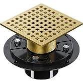 4-1/4 Inch Shower Drain, Square Shower Floor Drain Kit with ABS Flange | Drain with Hair Strainer, Removable Strainer Cover for 2" or 3" Pipe, SUS304 Stainless Steel, Brushed Gold