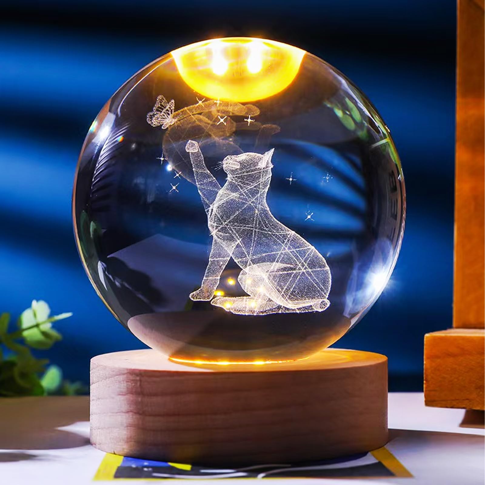 Neioaas 6cm 3D Cat Crystal Ball Lights-3 Color LED Animal Glass Ball Plug-in Night Light with Control LED Wooden Base,3D Engraved Crystal Ball Light Decor, Gift for Kids Friends & Family(Cat)