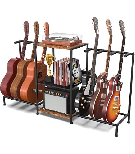 thumbnail interactive-video image 1 of 4-Tier Guitar Stand With Amp Shelf - Multi Guitar Floor Rack With Foam Protection For Music Studio 1 of 12