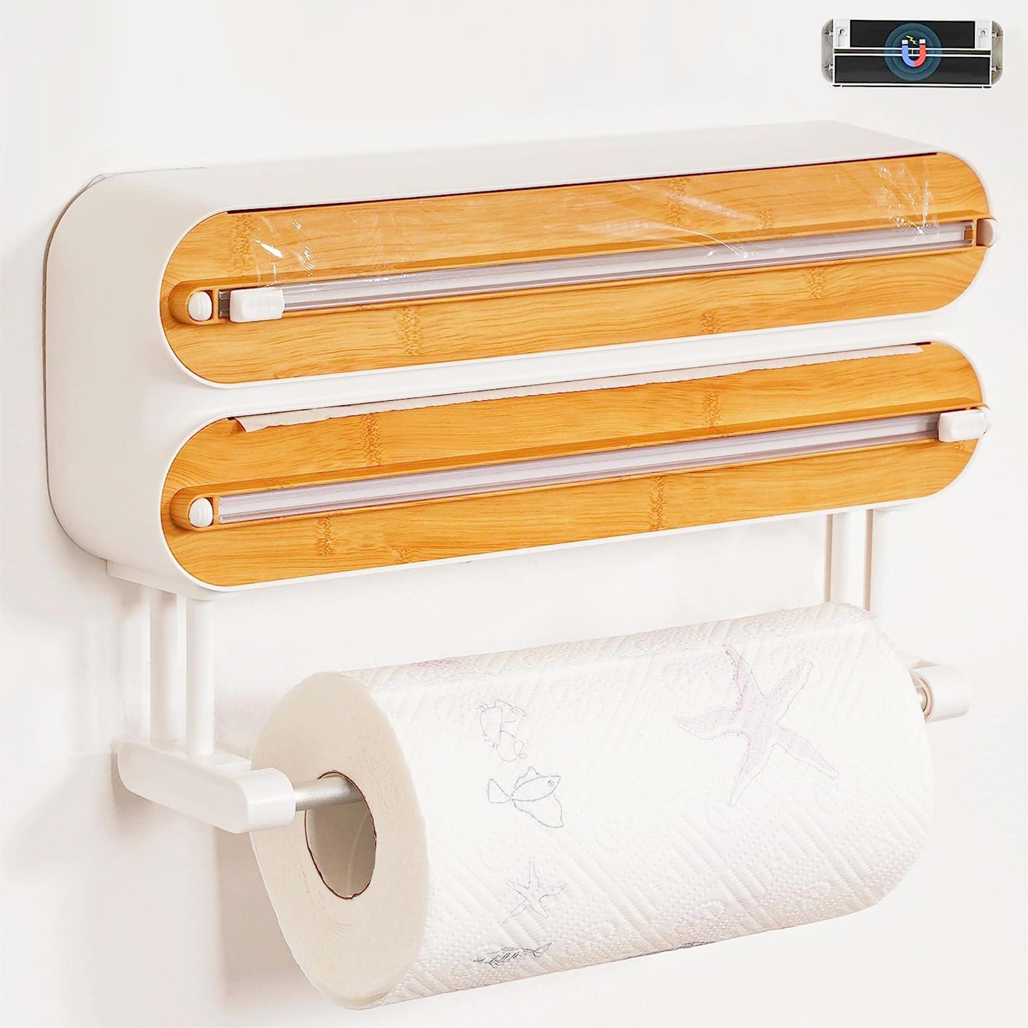 PINC® Aluminium Kitchen Foil Dispenser with Sharp Cutter, Magnetic Wall Kitchen Roll Holder, Foil Paper with Roll Holder + Film Roll