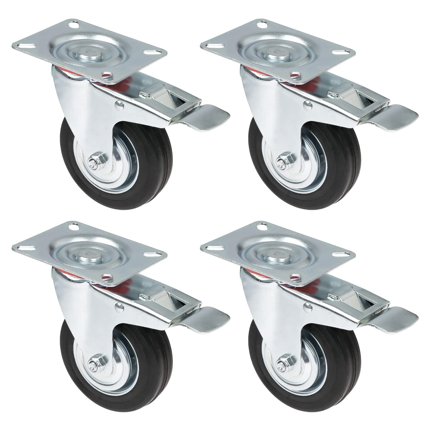 HMF 6790 Heavy Duty Castor Wheels with Brake, Made of Solid Rubber | Pack of 4 | 100 mm | up to 280 kg | Black