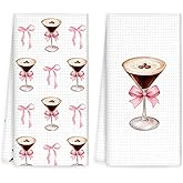 OINDADE Espresso Martini Decor Kitchen Towels Set of 2 - Coquette Bow Espresso Martini Gifts Hand Towel, Pink Bow EspressoMartini Dish Tea Towels for Kitchen Home Bar Cart Decor, 16x24In