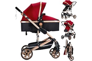 SUPPERBEBE 2 in 1 Baby Stroller with Bassinet Convertible Reversible Standard Baby Pram Portable Pushchair Infant Buggy Baby Carriage Foldable High Landscape Pram for Toddler Newborn (2 in 1 739 Red)
