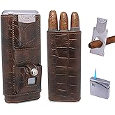 AMANCY Luxury 3 Holder Classy Black Brown Crocodile Pattern Leather Cigar Humidor Case Set with Lighter and Cutter - Great Cigar Gift Kit for men