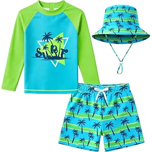 Baby Boys Toddler Long Sleeve Rashguard and Swim Trunks, 3 Piece Swimsuit with Sun Hat Bathing Suit Swimwear for Beach Pool