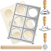 Geetery 5 Pcs Ravioli Mold Set 2.7 Inch Squares Ravioli Maker Cutter Include 1 Raviolis Maker Press 3 Pasta Cutter Stamp Makers 1 Wood Rolling Pin Pasta Making Tool for Home Kitchen Supplies (6 Holes)
