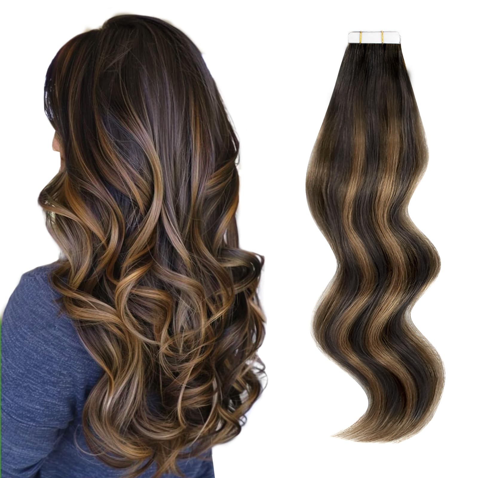 ABH AMAZINGBEAUTY HAIR Tape in Hair Extensions Real Human Hair Rooted Darkest Brown Highlighted Chestnut Brown Tape in Human Hair 14 Inch #P2-6-2 50g 20pcs — image 1