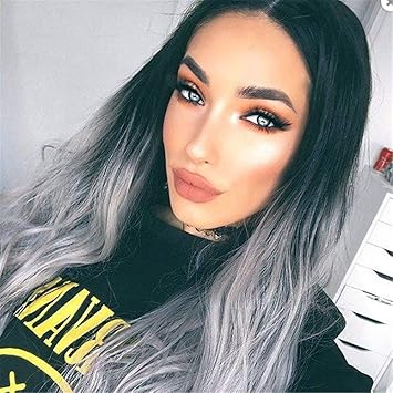Amazon Com Weite Ombre Gray 2 Tones Synthetic Wig Dark Roots Big