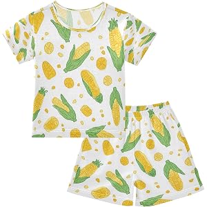Eionryn Cartoon Corn Reen Husks Summer Pajama Sets Short Sleeve Sleepwear Pjs 2pcs Set 5Y