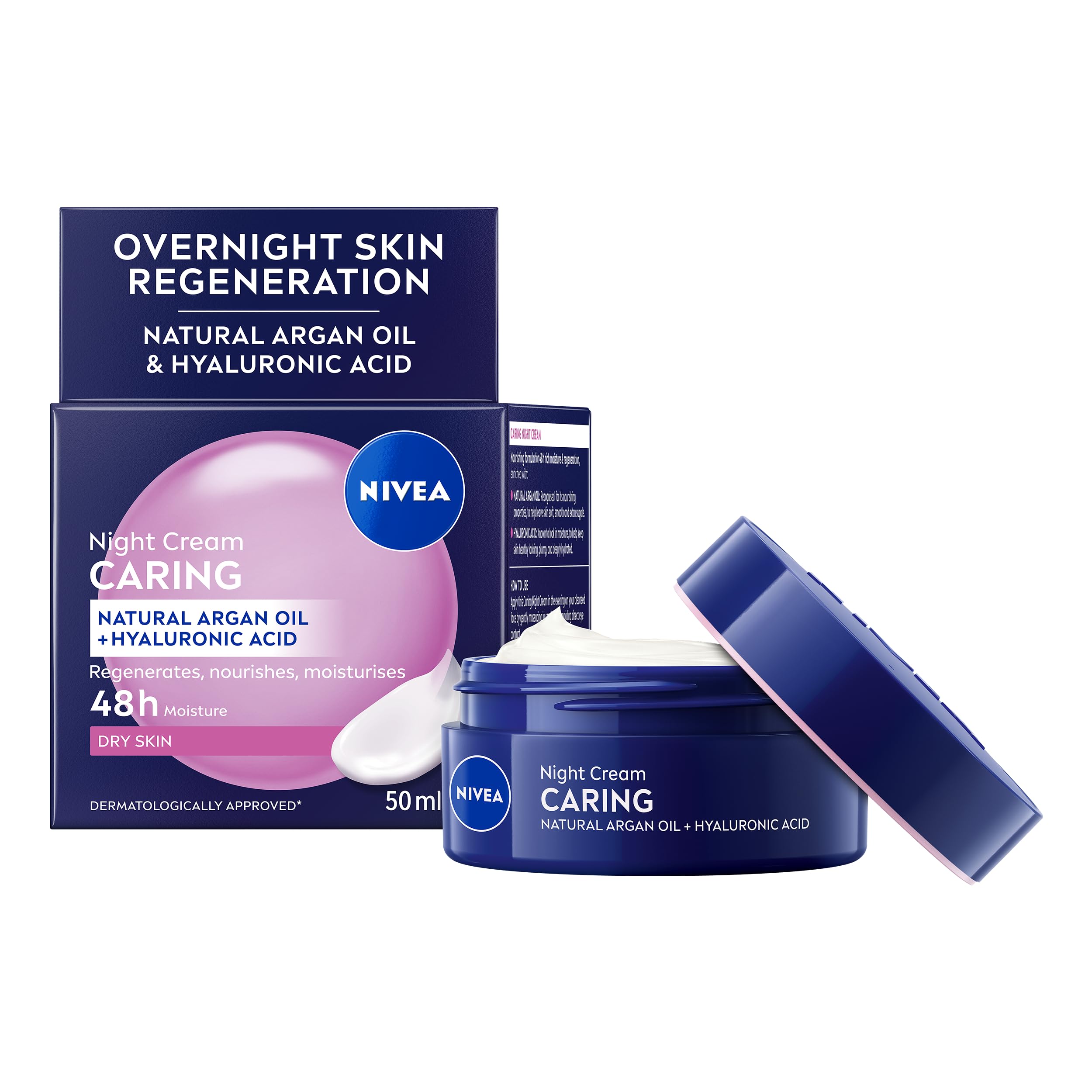 NIVEA Caring Night Face Cream (3 x 50ml), Rich Moisturiser for Sensitive & Dry Skin, Nourishing Night Cream with Hyaluronic Acid and Argan Oil for 48H Moisture