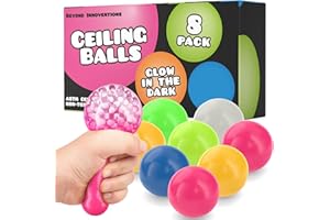BEYOND INNOVENTIONS Sticky Stress Balls - Fidget Pack of 8 - Squishy Glow in The Dark Ball Stress - Sticks to Ceiling and Wall - Stress Relief Gifts, Party Supplies, Anxiety Relief Items for Adults