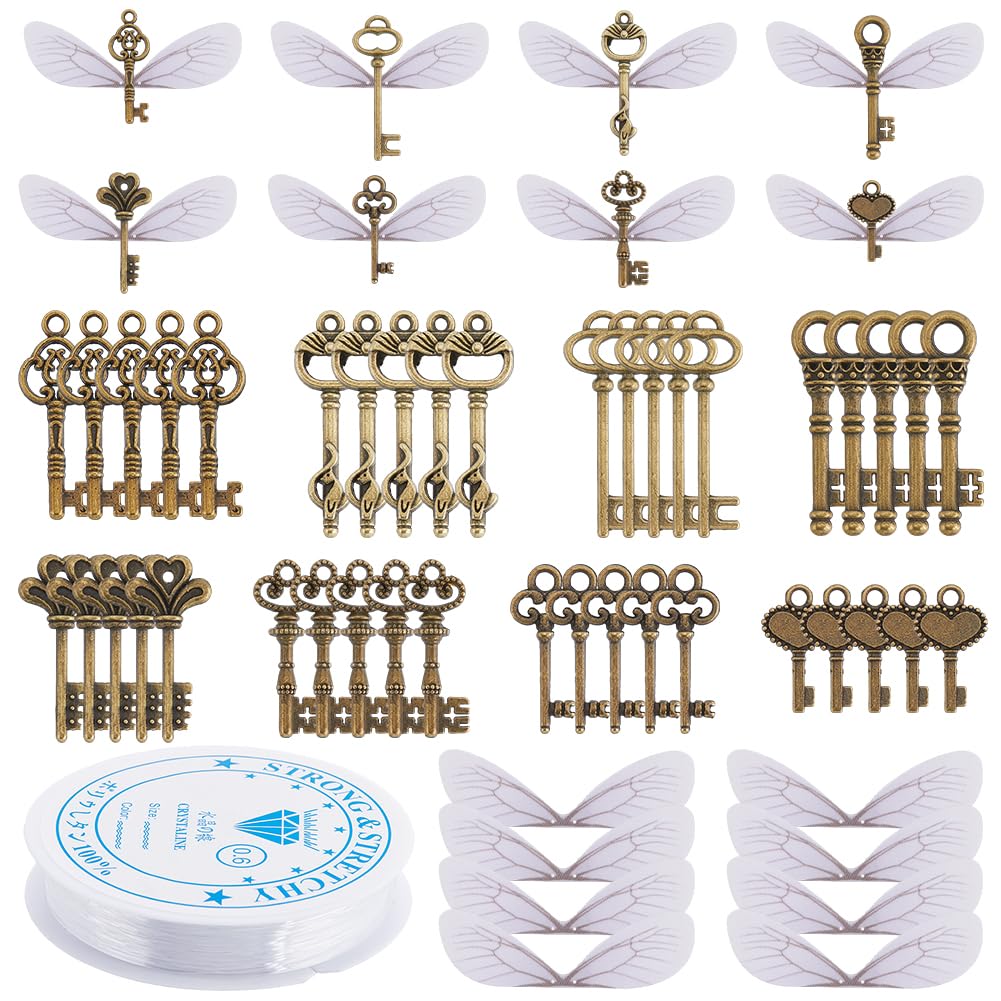 SUNNYCLUE 160Pcs DIY 80 Sets Skeleton Keys Bulk Flying Keys Charms Dragonfly Wings Vintage Style Antique Bronze Flying Keys Organza Wings Kit Magic World Wizard Party Keys for Christmas Decorations