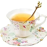 Harahiko Country Roses Porcelain Tea Cup and Saucer Set with Gold Trim, Vintage Style, For Women and Tea Parties (1, Pink)
