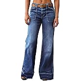 Flvsun Wide Straight Leg Stretchy Jeans for Women Mid High Waisted Baggy Denim Pants with Deep Pockets.