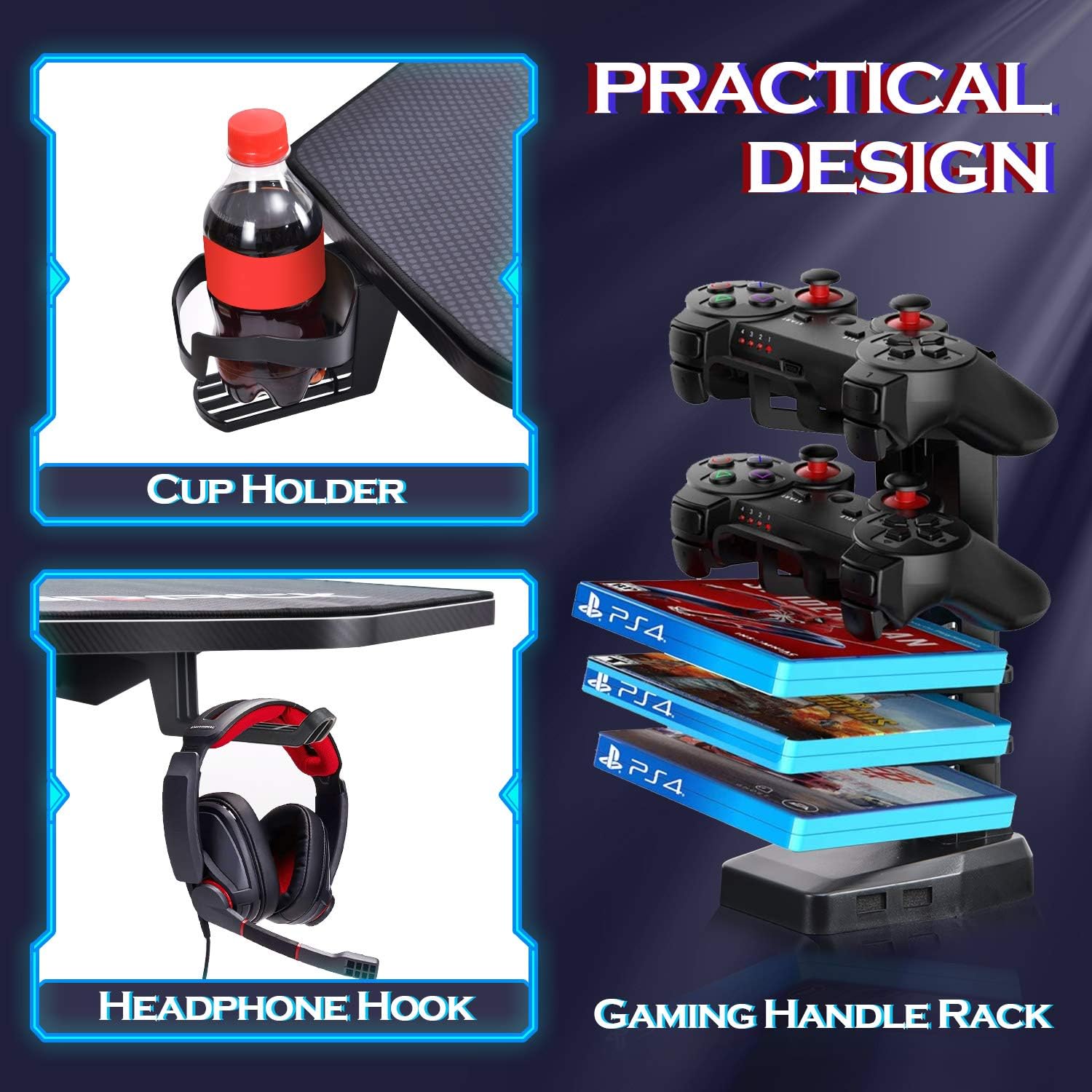 Ergonomic Game Desk, T-Shaped PC Gamer Tables Worksatation for Home Office with Carbon Fiber Surface, Full Mouse Pad, Cup Holder, Headphone Hook, 2 Cable Management Holes, 62" W x 29" D, Black: Kitchen & Dining