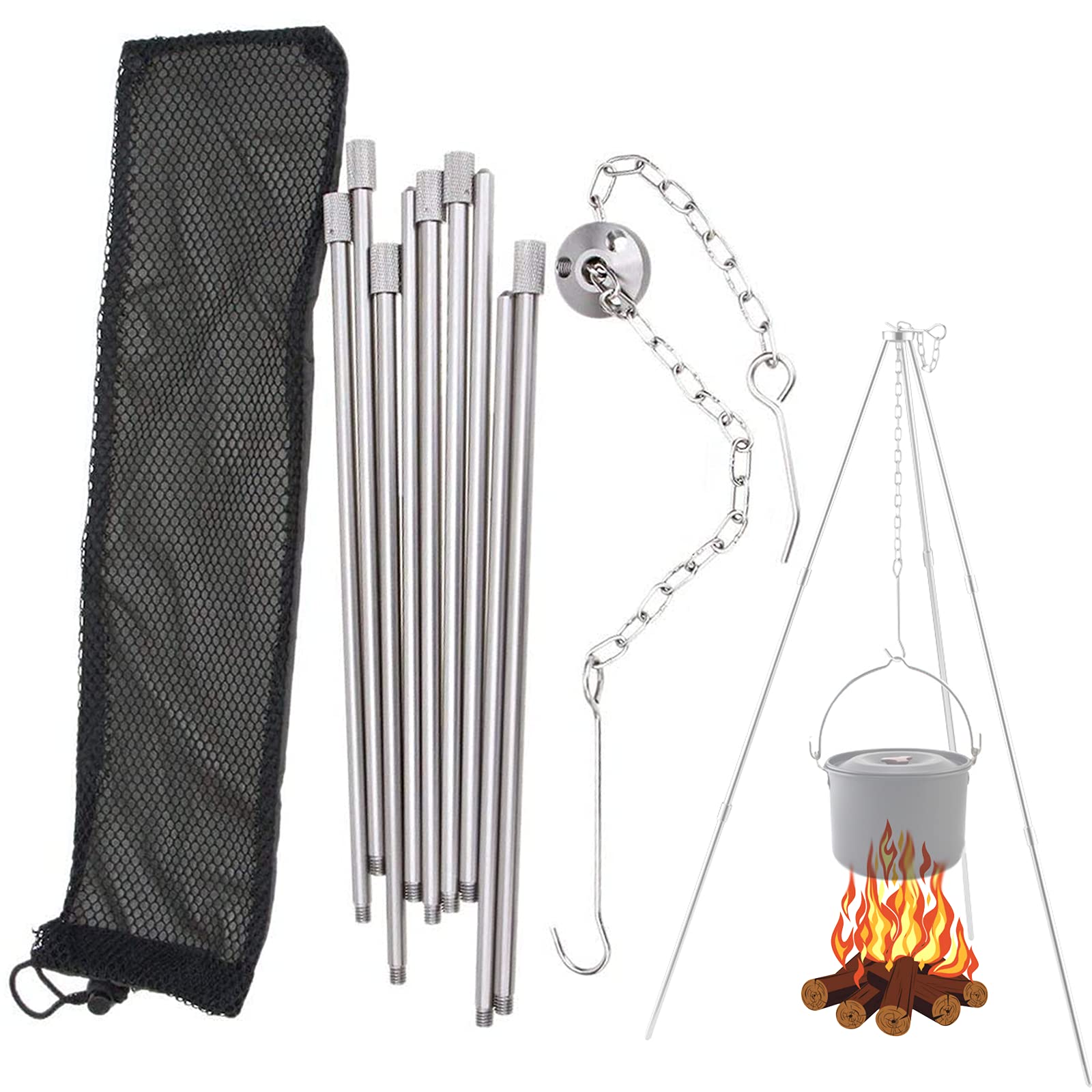 inherited Outdoor Cooking Tripod(Silver), Adjustable Foldable Hanging Portable Tripod for Cooking, Drying Clothes, Pot Roast, Grilling Outdoor Picnic Camping BBQ Cooking Hanger with Storage Bag
