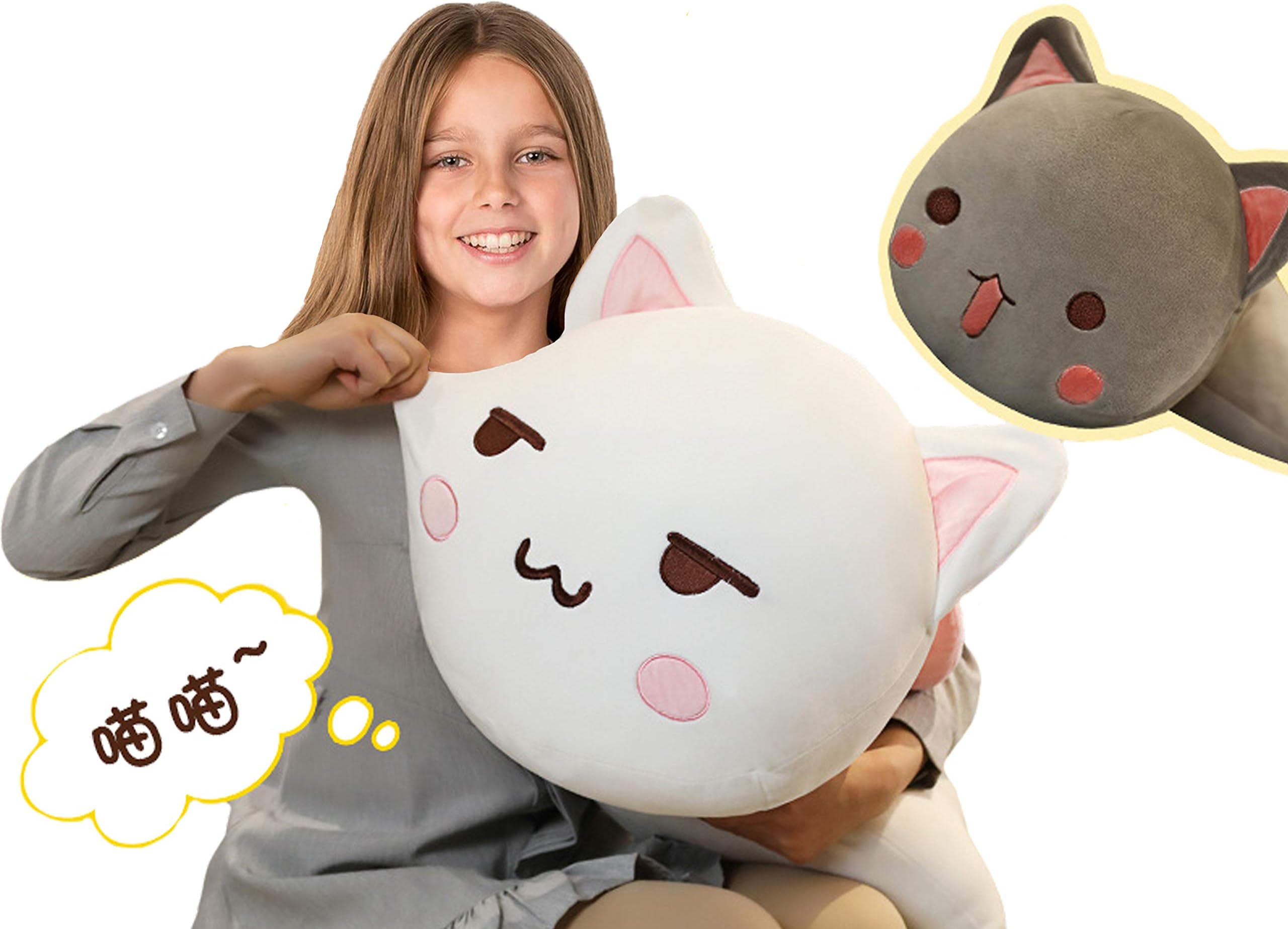 Cuddle Cat Plush Soft Kitty Body Pillow, 25.6Inch Large Fluffy Kitten Stuffed Animals Toy Sleeping Pillow Decor Gifts, White/Gray