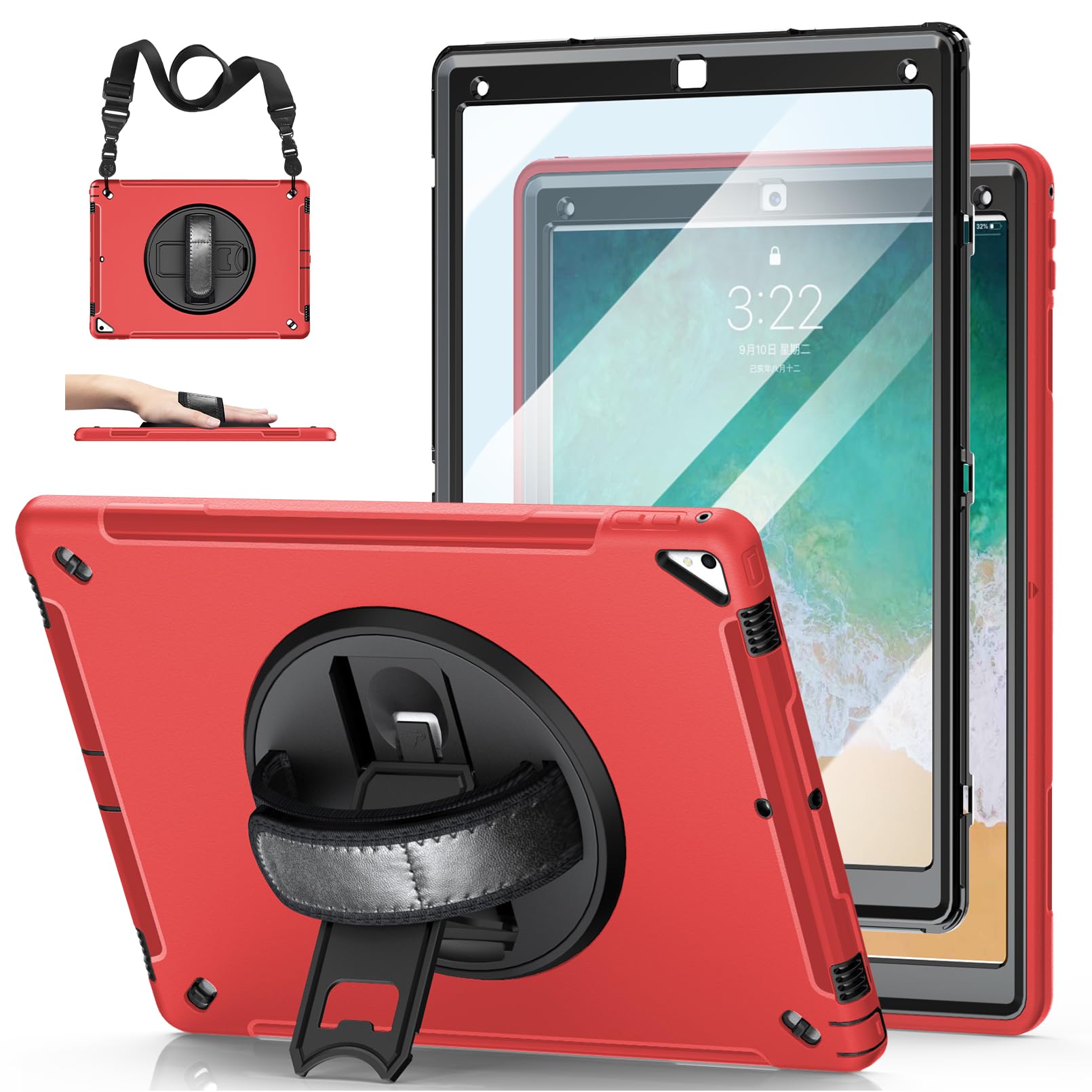 Photo 1 of Case for iPad Pro 12.9 2nd Generation 2017& 2015 1st Generation, Heavy Duty Rugged TPU Protective Cover W/Screen Protector- 360° Rotatable Stand + Handle Hand & Shoulder Strap + Pencil Holder- Red