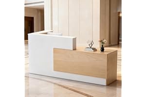 YORKGARGEN L-Shaped Large Wooden Reception Desk, Modern Front Desk Reception Counter with Lockable Drawers & Storage & Keyboard Tray, for Checkout, Lobby (Left-Natural Wood/White, 71''L x 42''W x 41''H)