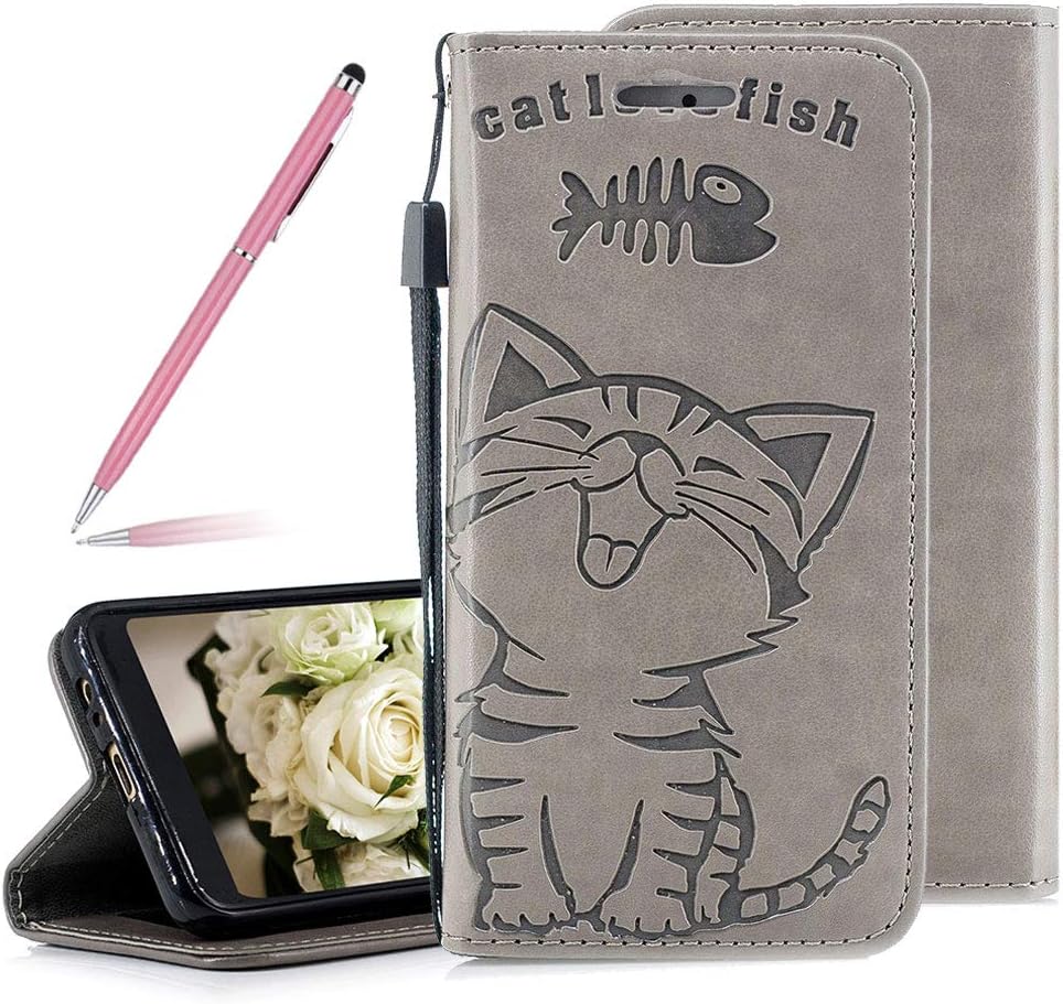 SKYXD 3D Embossed Cat and Fish Pattern Flip Wallet Case for Samsung Galaxy S9 Plus, PU Leather Magnetic Closure Protective Bookstyle Purse Cover with Detachable Wrist Strap(Gray)