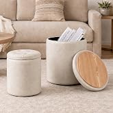 Storage Ottoman Round, Space Saving Foot Stool for Small Living Spaces | Beige, 12.6" x 14.17" &amp; 14.76" x 17.32", Nesting Ottomen, Waterproof, No Assembly, Faux Leather, Footrest, Vanity Stool