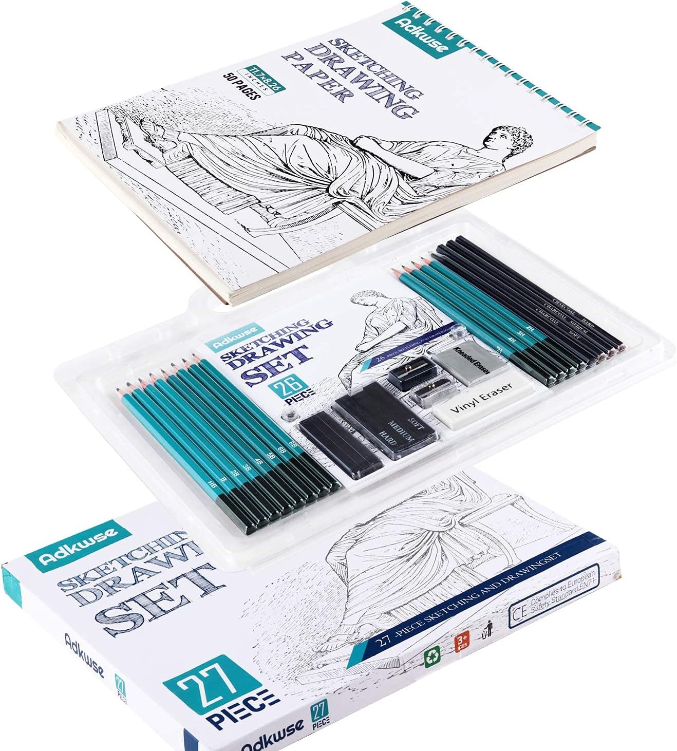 Adkwse Sketch Pencils Set, Art Supplies, Drawing Set, Graphite and Charcoal Pencils, 100 Page Drawing Pad and Kneaded Eraser, Art Kit and Supplies for Kids, Teens and Adults, Sketch Set : Office Products