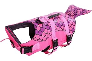 Queenmore Dog Life Jacket Ripstop Shark Dog Safety Vest Adjustable Preserver with High Buoyancy and Durable Rescue Handle for Small,Medium,Large Dogs, Pink Fish Small