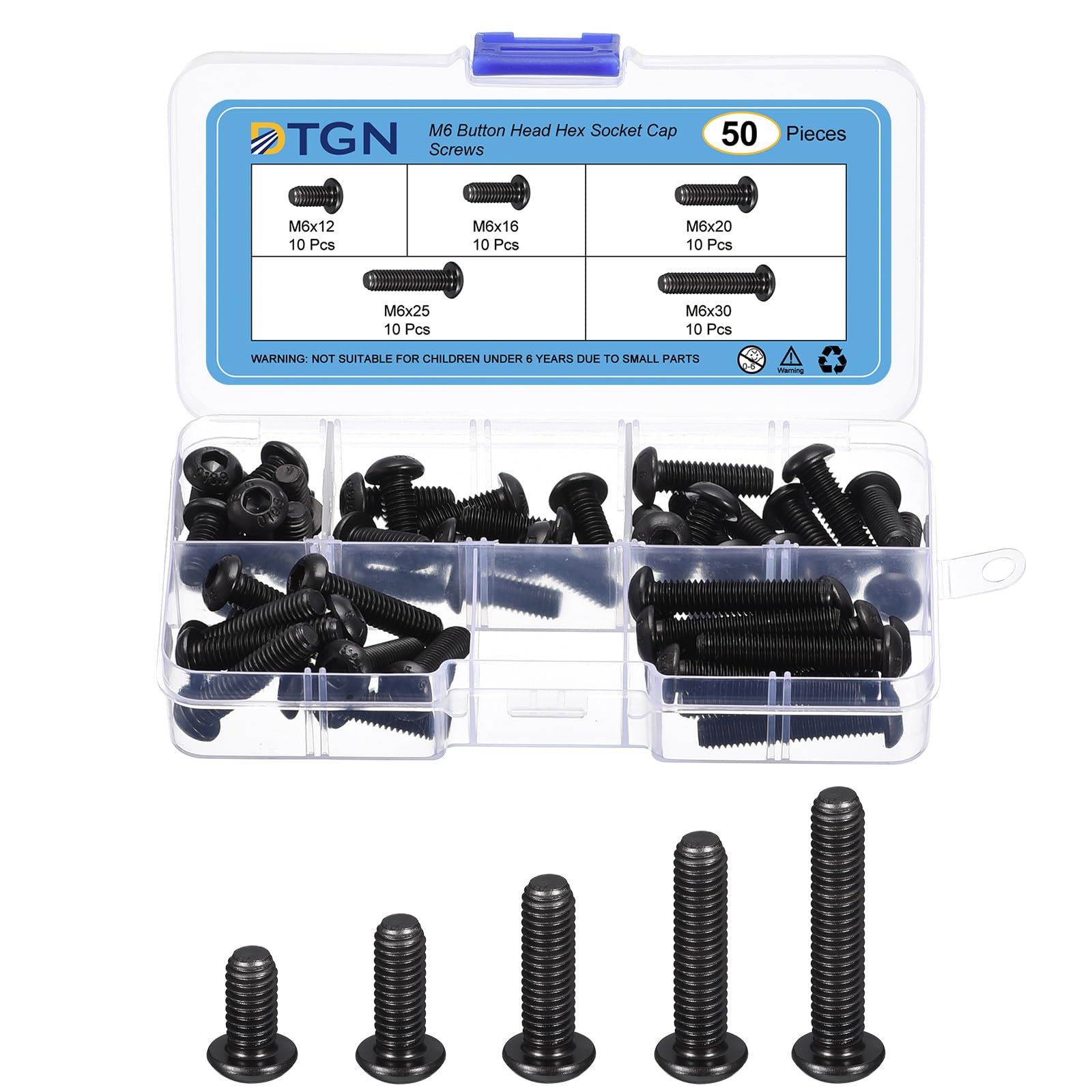 DTGN 50Pcs M6 Button Head Socket Cap Screws Kit - 12/16/20/25/30mm Carbon Steel Black Oxide Full Thread Hex Socket Cap Screw Assortment - Good for Machine, Furniture Repairing