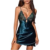 SOLY HUX Women's Satin Nightgowns Silky Lace Pajama Dress Sleeveless Chemise Mini Dresses Sleepwear