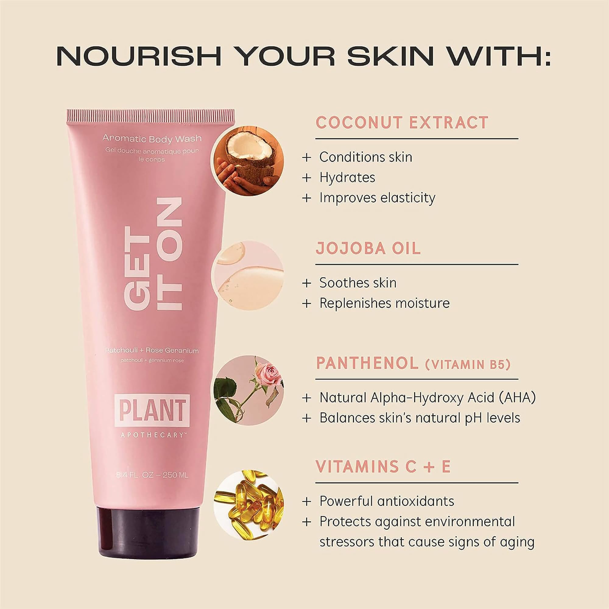 plant apothecary Get It On Natural Aromatherapy Body Wash for Men and Women - Shower Gel with Vitamin C and Vitamin E, Coconut Extract and Jojoba Oil to Nourish and Comfort Dry Skin - 8.4 fl oz