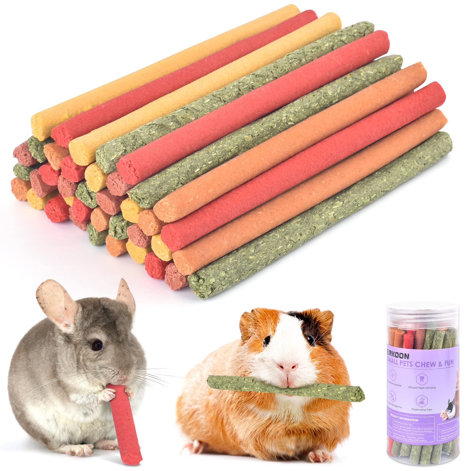 ERKOON 40Pcs Timothy Hay Sticks, Chinchilla Chew Toys, Hamster Rabbit Treats 5 Flavors Rabbit Toys Boredom Breaker Small Animal Chew Treats Toys Molar Teeth for Rabbits, Gerbil, Hamster, Guinea Pigs