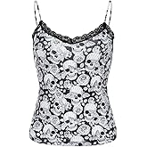 Morvia Women's Contrast Lace Trims Scoop Neck Halloween Skulls Allover Print Cami Tops Casual Summer Sleeveless Top Wear