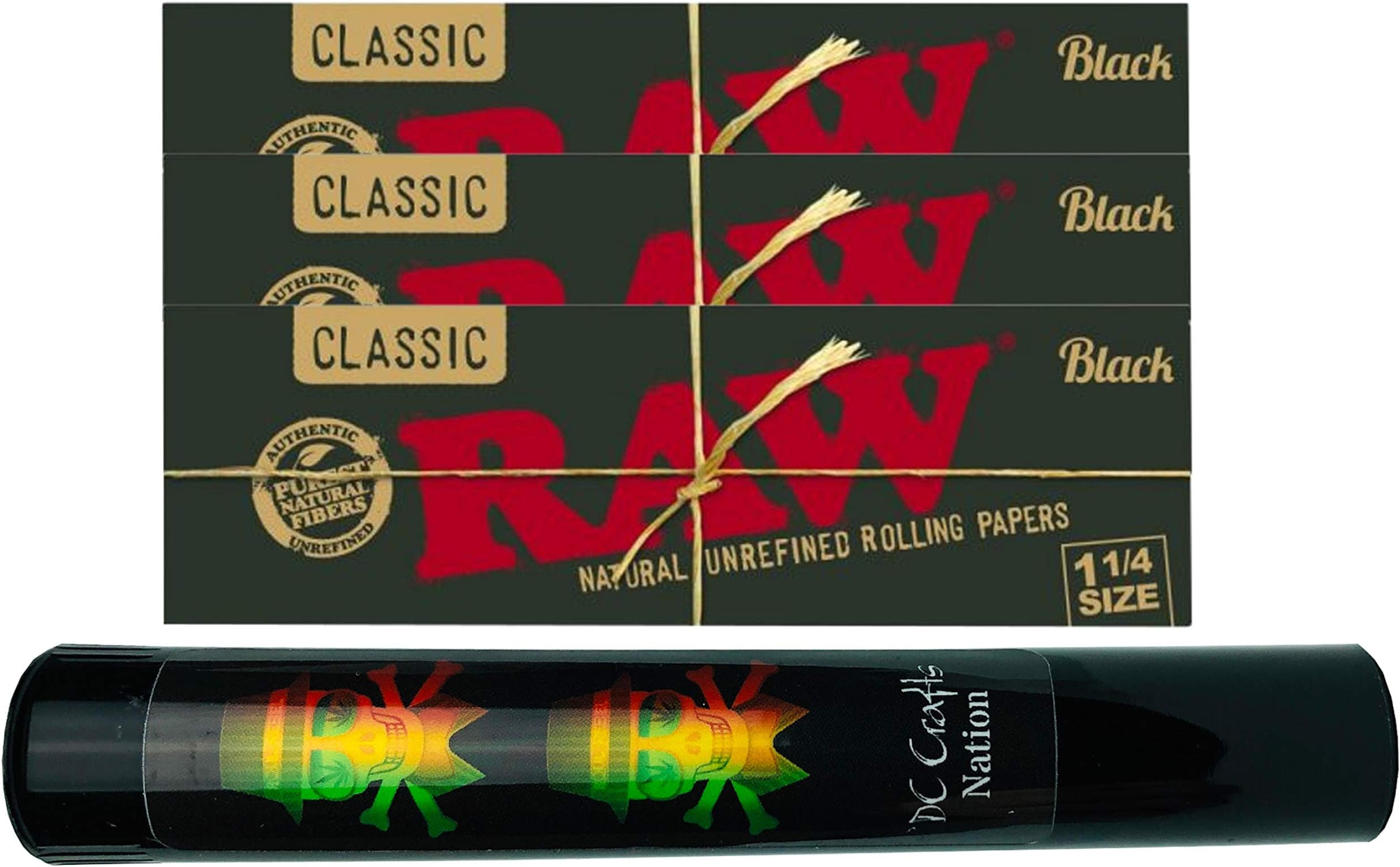 DC Crafts Nation Child Resistant Protector with Raw Black Natural Rolling Papers 3 Count - Rasta Skull