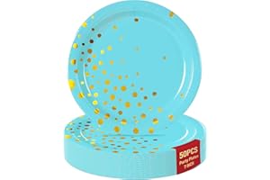Paper Dessert Plates 7 Inch, Blue and Gold Party Plates Disposable (50-Count), Gold Dot Paper Cake Plates, Paper Plates for P