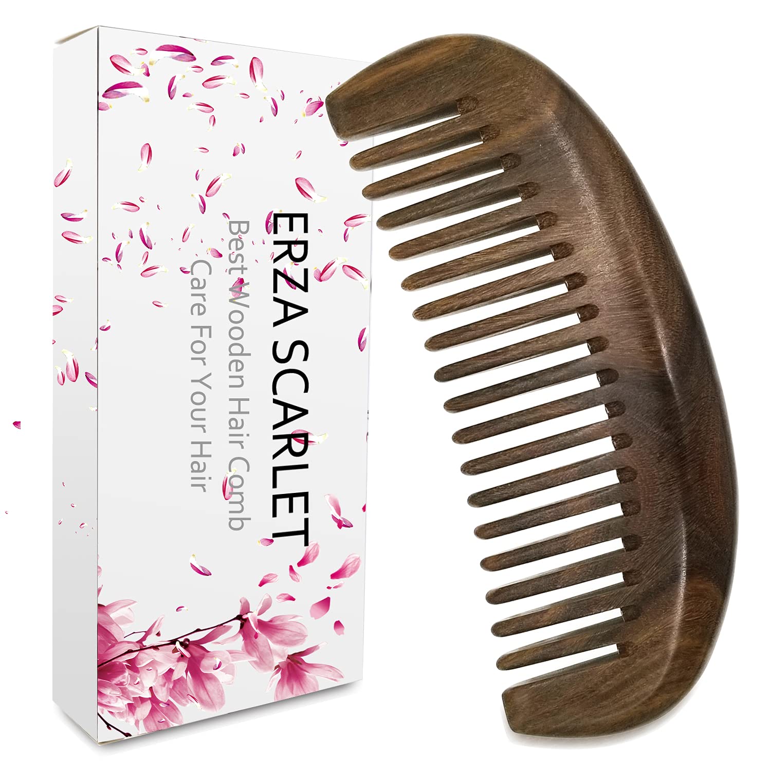 ERZA SCARLET Real Natural Green Sandalwood Wooden Comb/Boutique Hair Comb (Wide tooth)