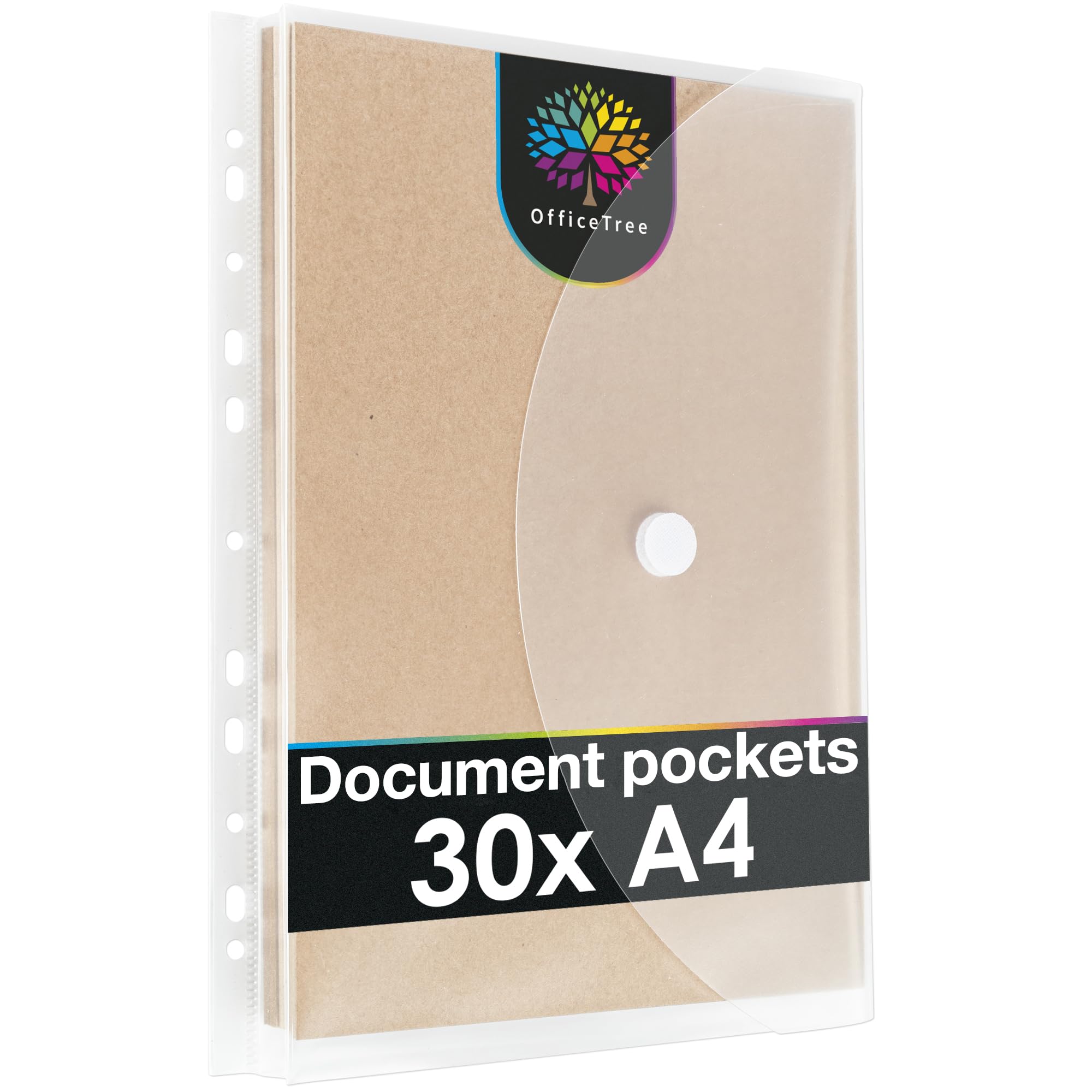 OfficeTree 30 x Clear Plastic Wallets A4 Punched with 200 Hole Reinforcer - Plastic Wallets for Ring Binders - Transparent Document Pockets A4 for Document Storage - Punched Folders with Pockets