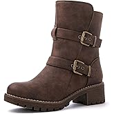 GLOBALWIN Women's Ankle Boots For Women Faux Fur Lined Winter Moto Boots Ankle Booties With Adjustable Double Buckles