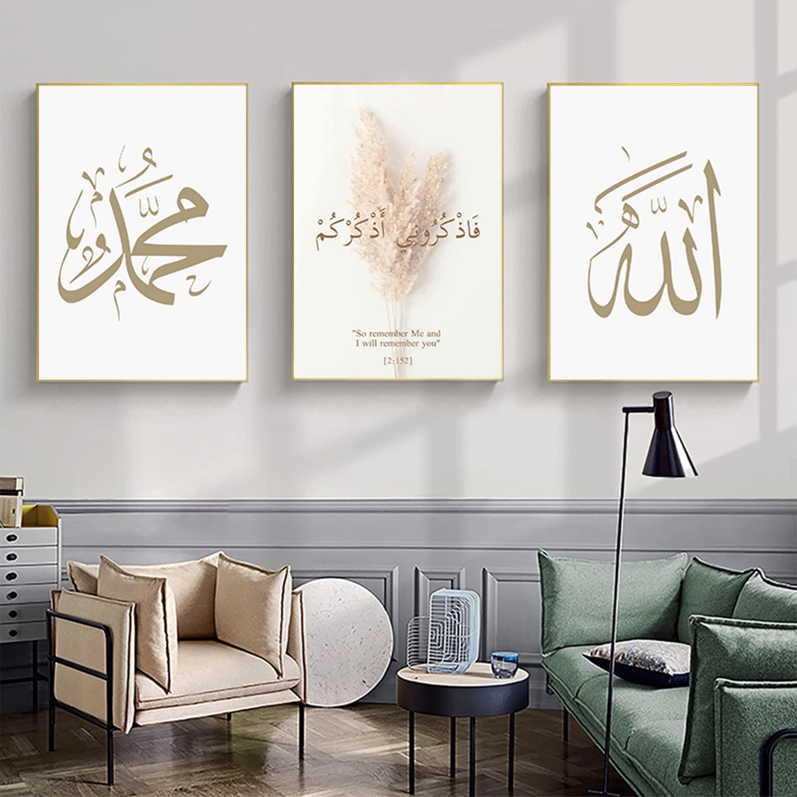 JNAOZI Islamic Wall Pictures, Islamic Canvas Pictures, Arabic Calligraphy Bismillah Flower Wall for Living Room Without Frame (40 x 60 cm x 3) — image 1