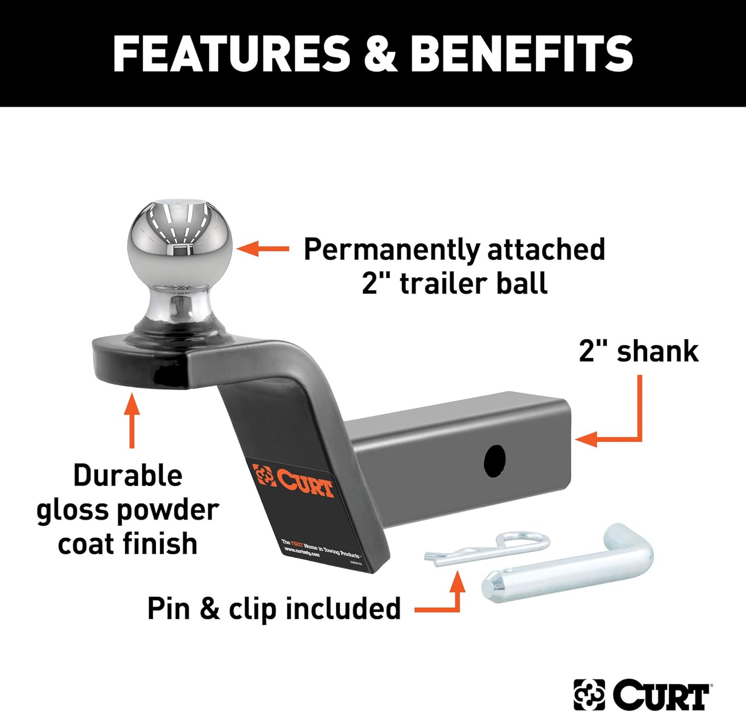 CURT 45155 Fusion Trailer Hitch Mount with 2-Inch Ball & Pin, Fits 2-In Receiver, 7,500 lbs, 2" Rise: Automotive